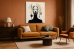 Female bust with closed eyes surrounded by gold geometric arcs and spheres, art deco square canvas wall art for living room