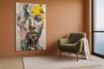 Collage portrait with torn newspaper, vivid yellow and dark slate blue, bold mixed-media wall art for living room