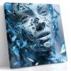 Fragmented CGI human face in vivid sky blue and ice blue geometric shards, abstract digital art canvas for living room