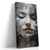 Woman's face with closed eyes and terracotta lips, impasto digital art portrait canvas for living room or bedroom
