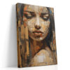 Woman's collage portrait in warm tan and deep brown, mixed-media fragmented canvas art for living room or home office