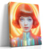 Female figure with neon halo and iridescent costume in vivid orange and yellow, bold digital art portrait canvas print
