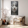Woman's face with closed eyes and terracotta lips, impasto digital art portrait canvas for living room or bedroom