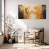 Two gold figurative forms reaching across a dark and light diptych, dramatic impasto canvas wall art for living room