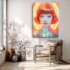 Female figure with neon halo and iridescent costume in vivid orange and yellow, bold digital art portrait canvas print