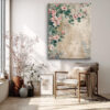 Pink blossoms and flowering branches in warm beige tones, mixed-media floral wall art canvas for bedroom