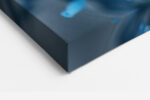 Fragmented CGI human face in vivid sky blue and ice blue geometric shards, abstract digital art canvas for living room