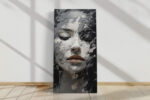 Woman's face with closed eyes and terracotta lips, impasto digital art portrait canvas for living room or bedroom
