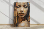 Woman's collage portrait in warm tan and deep brown, mixed-media fragmented canvas art for living room or home office