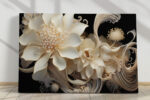 Baroque ivory and cream flowers with gold stamen and scrollwork on black, bold floral wall art canvas for living room