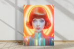 Female figure with neon halo and iridescent costume in vivid orange and yellow, bold digital art portrait canvas print