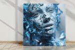 Fragmented CGI human face in vivid sky blue and ice blue geometric shards, abstract digital art canvas for living room