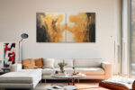 Two gold figurative forms reaching across a dark and light diptych, dramatic impasto canvas wall art for living room