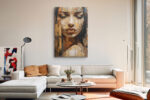 Woman's collage portrait in warm tan and deep brown, mixed-media fragmented canvas art for living room or home office
