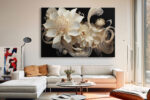 Baroque ivory and cream flowers with gold stamen and scrollwork on black, bold floral wall art canvas for living room