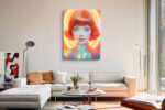 Female figure with neon halo and iridescent costume in vivid orange and yellow, bold digital art portrait canvas print