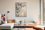 Pink blossoms and flowering branches in warm beige tones, mixed-media floral wall art canvas for bedroom
