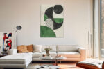 Bold abstract circles and cracked-cell pattern in near-black, warm off-white, and medium green u2014 contemporary canvas wall art