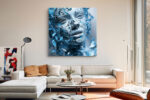 Fragmented CGI human face in vivid sky blue and ice blue geometric shards, abstract digital art canvas for living room