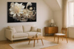 Baroque ivory and cream flowers with gold stamen and scrollwork on black, bold floral wall art canvas for living room