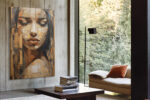 Woman's collage portrait in warm tan and deep brown, mixed-media fragmented canvas art for living room or home office