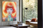 Female figure with neon halo and iridescent costume in vivid orange and yellow, bold digital art portrait canvas print