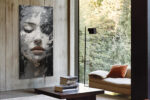 Woman's face with closed eyes and terracotta lips, impasto digital art portrait canvas for living room or bedroom