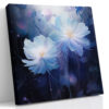 Luminous white-blue flowers with gold stamens on deep navy, moody floral digital art canvas for bedroom or living room