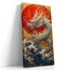 Serpentine dragon rising from ocean waves toward red sun disc, gold and navy East Asian wall art canvas portrait