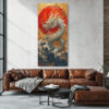 Serpentine dragon rising from ocean waves toward red sun disc, gold and navy East Asian wall art canvas portrait