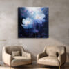 Luminous white-blue flowers with gold stamens on deep navy, moody floral digital art canvas for bedroom or living room