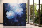 Luminous white-blue flowers with gold stamens on deep navy, moody floral digital art canvas for bedroom or living room