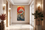 Serpentine dragon rising from ocean waves toward red sun disc, gold and navy East Asian wall art canvas portrait