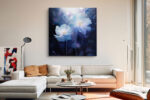 Luminous white-blue flowers with gold stamens on deep navy, moody floral digital art canvas for bedroom or living room