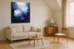 Luminous white-blue flowers with gold stamens on deep navy, moody floral digital art canvas for bedroom or living room