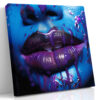 Cobalt blue face with deep purple dripping lips, dramatic digital art canvas for living room or home office