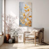 Gold and white botanical leaves on textured plaster background, portrait canvas wall art for living room or bedroom