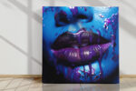 Cobalt blue face with deep purple dripping lips, dramatic digital art canvas for living room or home office