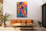 Toucan and macaw-like tropical birds with floral plumage in magenta, teal and amber, bohemian wildlife canvas wall art