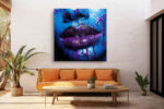 Cobalt blue face with deep purple dripping lips, dramatic digital art canvas for living room or home office