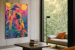 Toucan and macaw-like tropical birds with floral plumage in magenta, teal and amber, bohemian wildlife canvas wall art