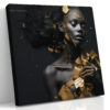 Female figure dissolving in gold leaf fragments, dark charcoal and rich gold digital art portrait canvas for living room