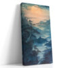Luminous moon over pine cliffs and winding river, steel blue and amber tones, japandi landscape wall art canvas for bedroom