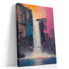 Acrylic waterfall painting in magenta, amber and navy with paint drips, bold contemporary canvas wall art