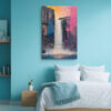 Acrylic waterfall painting in magenta, amber and navy with paint drips, bold contemporary canvas wall art