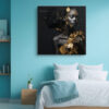 Female figure dissolving in gold leaf fragments, dark charcoal and rich gold digital art portrait canvas for living room