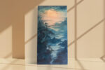 Luminous moon over pine cliffs and winding river, steel blue and amber tones, japandi landscape wall art canvas for bedroom
