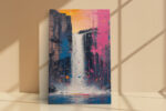 Acrylic waterfall painting in magenta, amber and navy with paint drips, bold contemporary canvas wall art