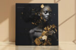 Female figure dissolving in gold leaf fragments, dark charcoal and rich gold digital art portrait canvas for living room