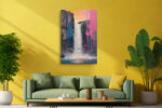 Acrylic waterfall painting in magenta, amber and navy with paint drips, bold contemporary canvas wall art